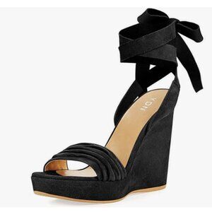 YDN Black Lace Up Platform High Heels Sandals Open Toe Chic Wedge Shoes